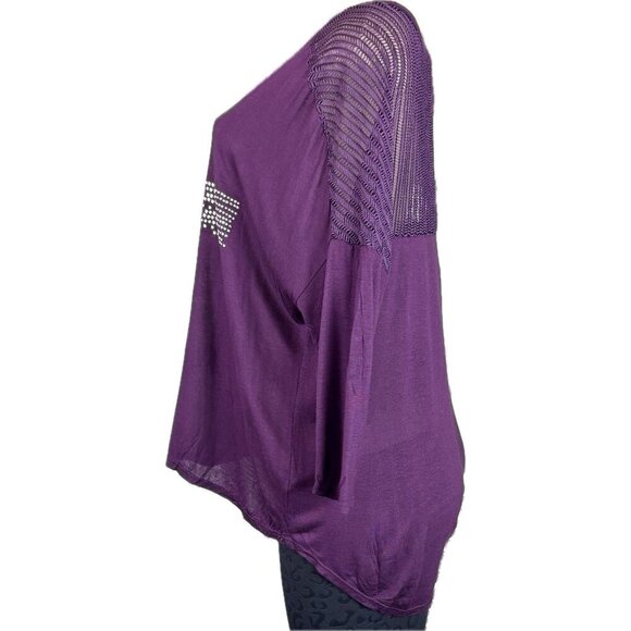 Estam L Purple Studded Cross Crew Neck Step-Hem Open Weave Back 3/4 Sleeve Top - Picture 5 of 6